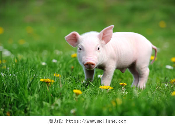 在春天的绿色草地上的小猪